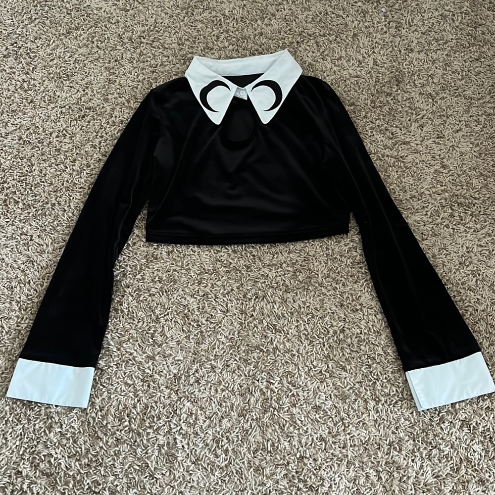 SHEIN Black White Long Sleeve Velvet Moon Crop Top Large